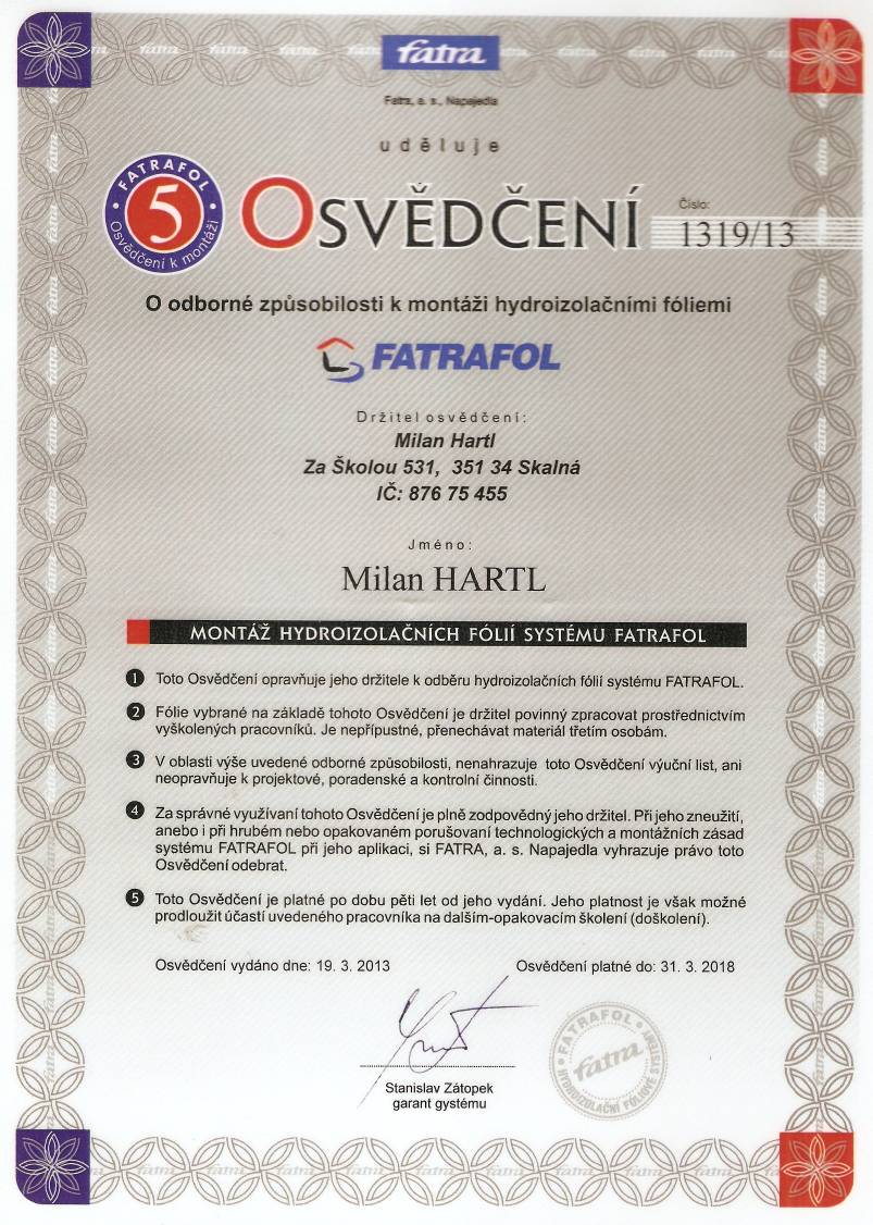 Osvědčení Fatrafol - sken